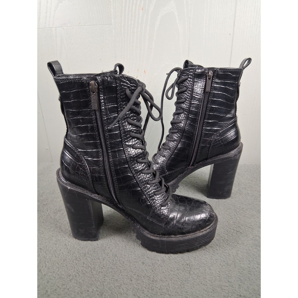 Guess Black Crocodile Style Lace-Up Platform Heeled Combat Boots Womens 9.5 Punk